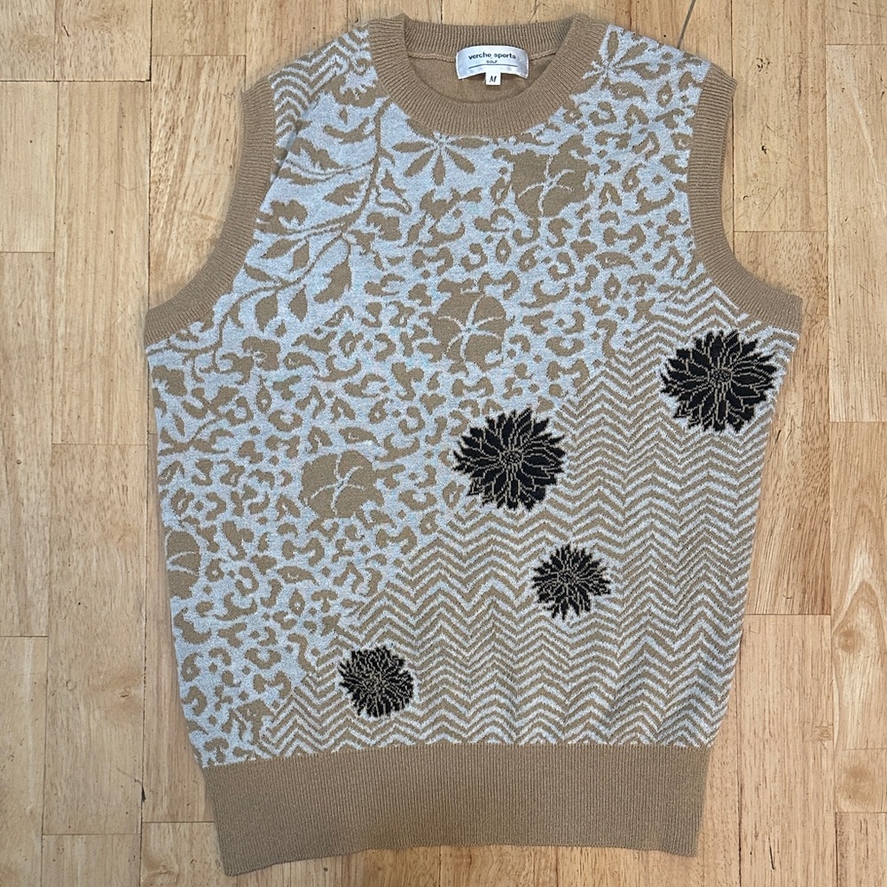 Vintage Verche Sport Golf Taupe, Cream & Black Floral Chevron Knit Vest Medium
